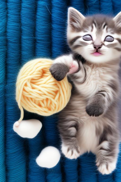 Kitten asleep with wool and food